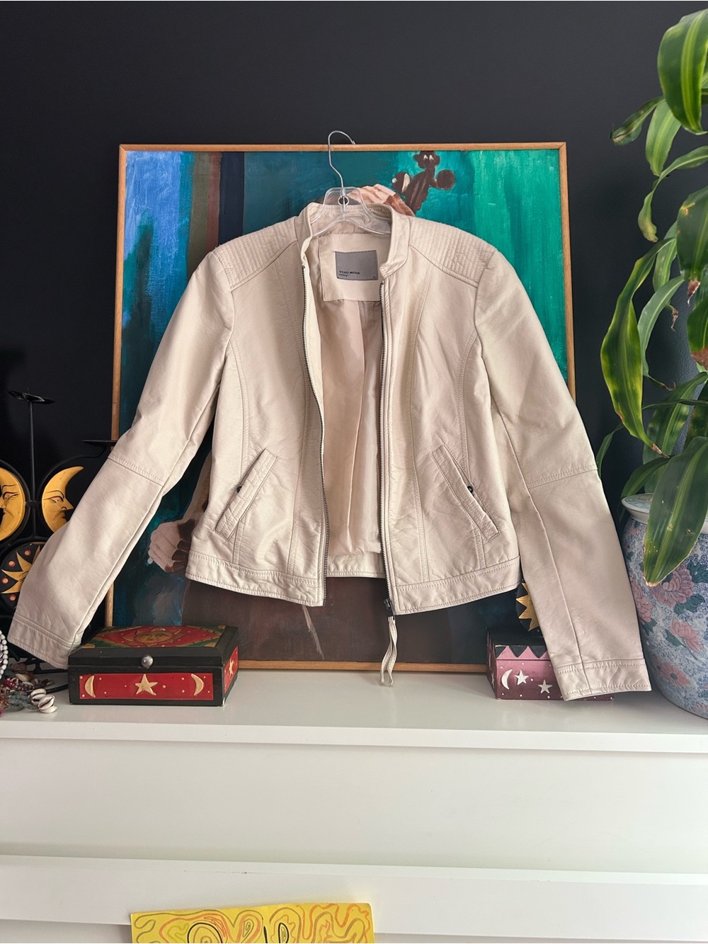Y2K Vero Moda Cream Faux Leather Moto Jacket Size M